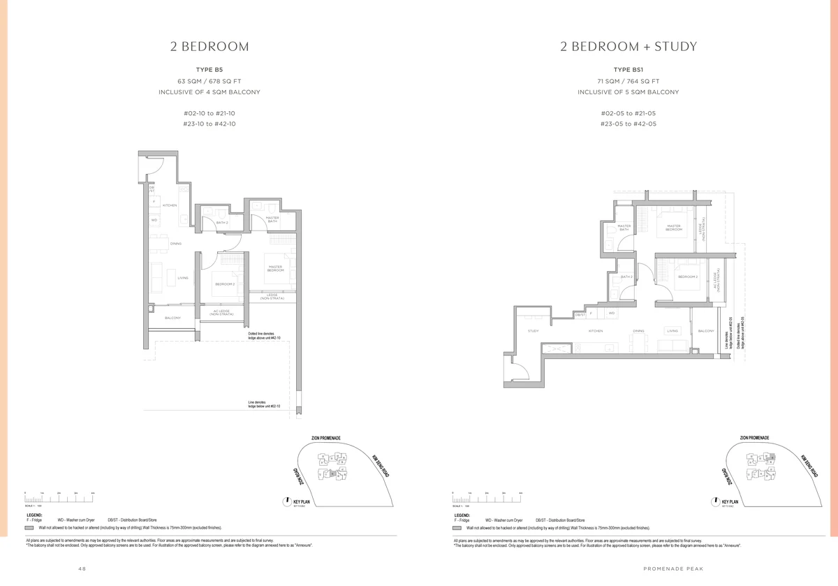 Promenade Peak 2-Bedroom plus Study Type BS1 and B5 floor plans 764 sqft