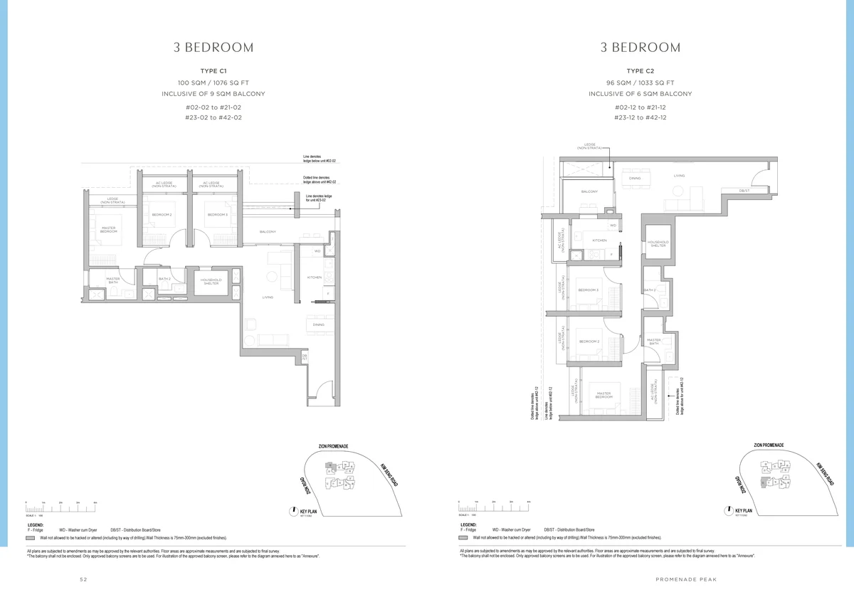 Promenade Peak 3-Bedroom Type C1 and C2 floor plans 1033 to 1076 sqft