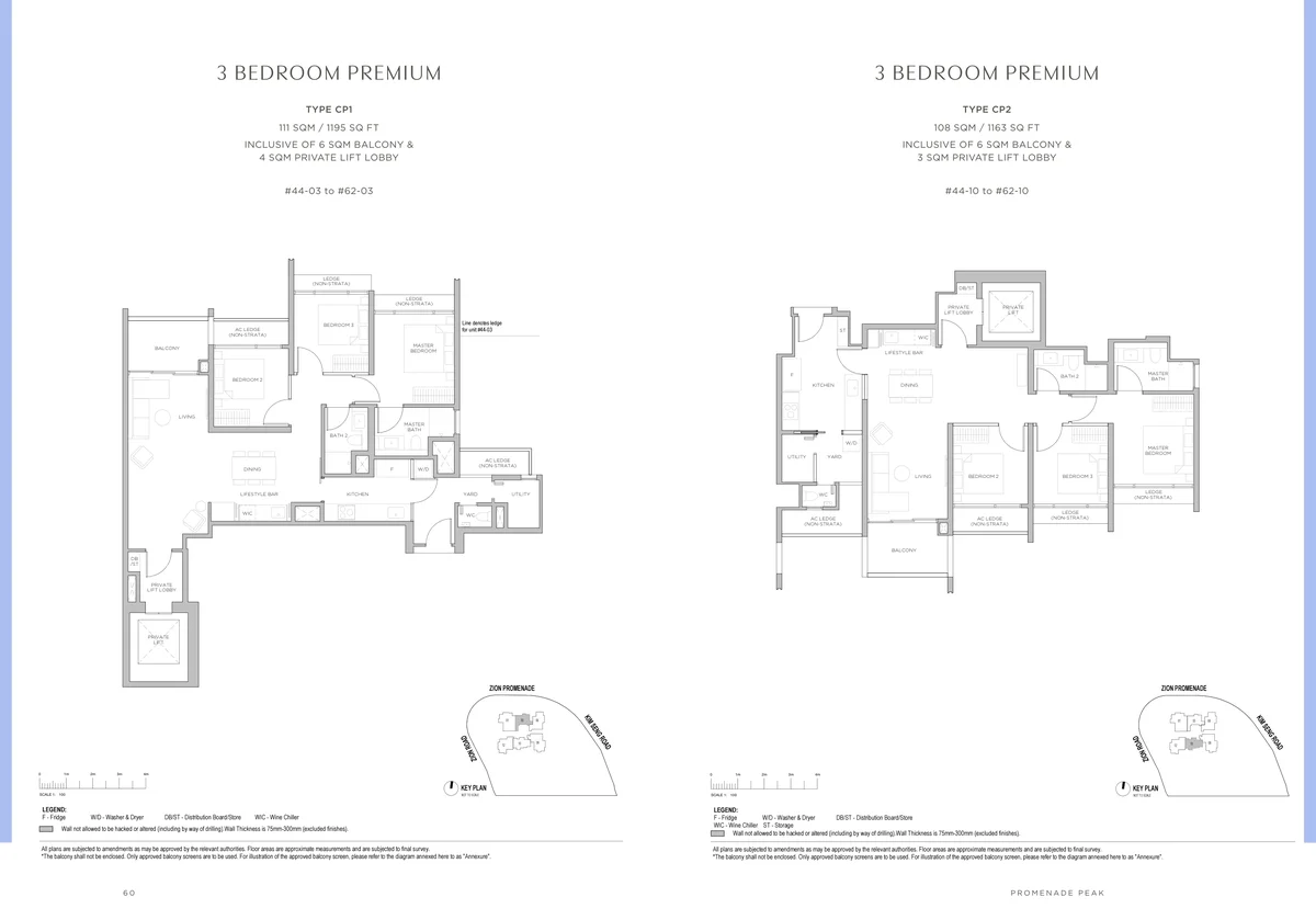 Promenade Peak 3-Bedroom Premium Type CP1 and CP2 floor plans 1163 to 1195 sqft with private lift