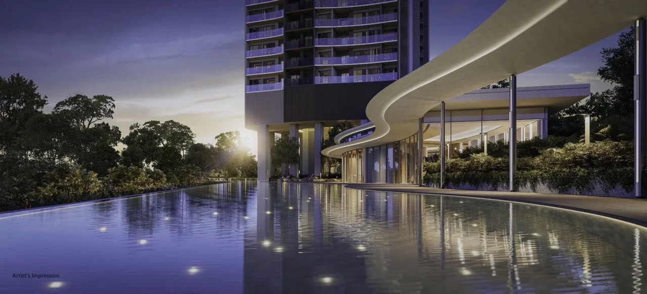 Architectural rendering of River Green 50m Stardust Pool and clubhouse pavilion