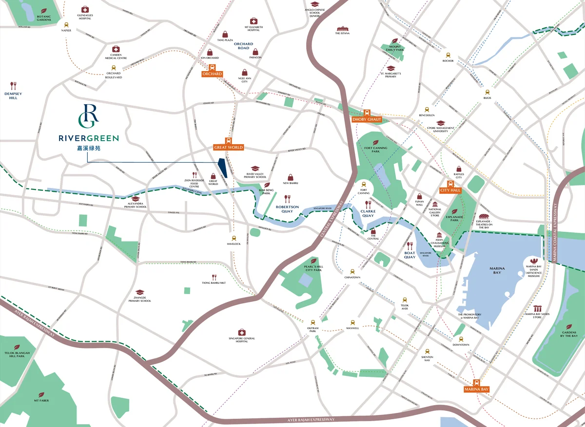 River Green official location map showing proximity to Great World MRT and Singapore River