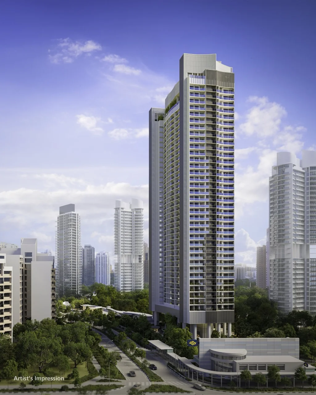 River Green 36-storey residential tower perspective rising above Great World MRT