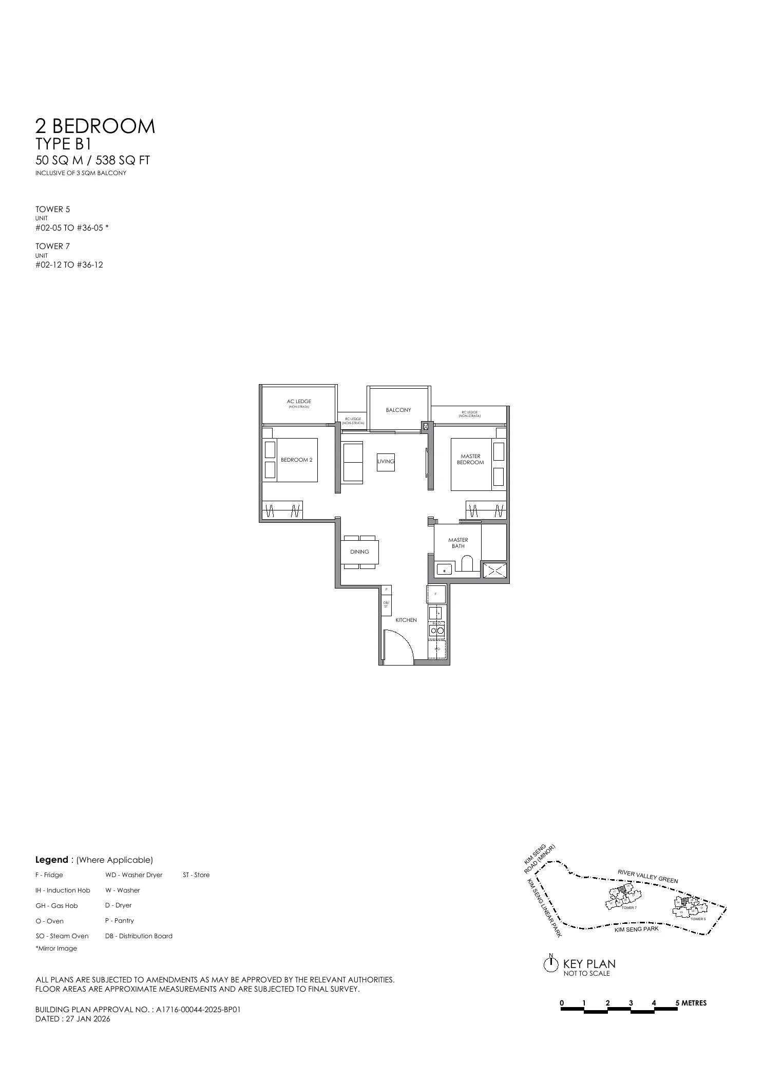 River Modern 2 Bedroom Type B1 Floor Plan 538 sq ft