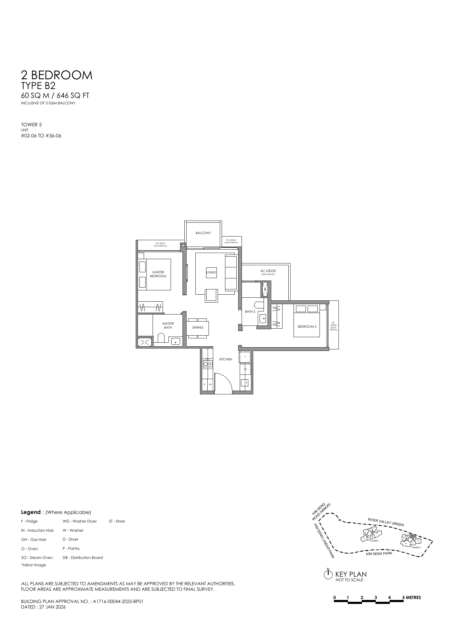 River Modern 2 Bedroom Type B2 Floor Plan 646 sq ft