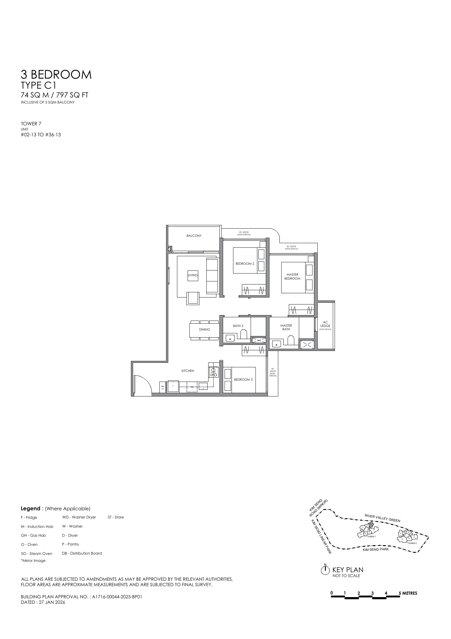 River Modern 3 Bedroom Type C1 Floor Plan 797 sq ft