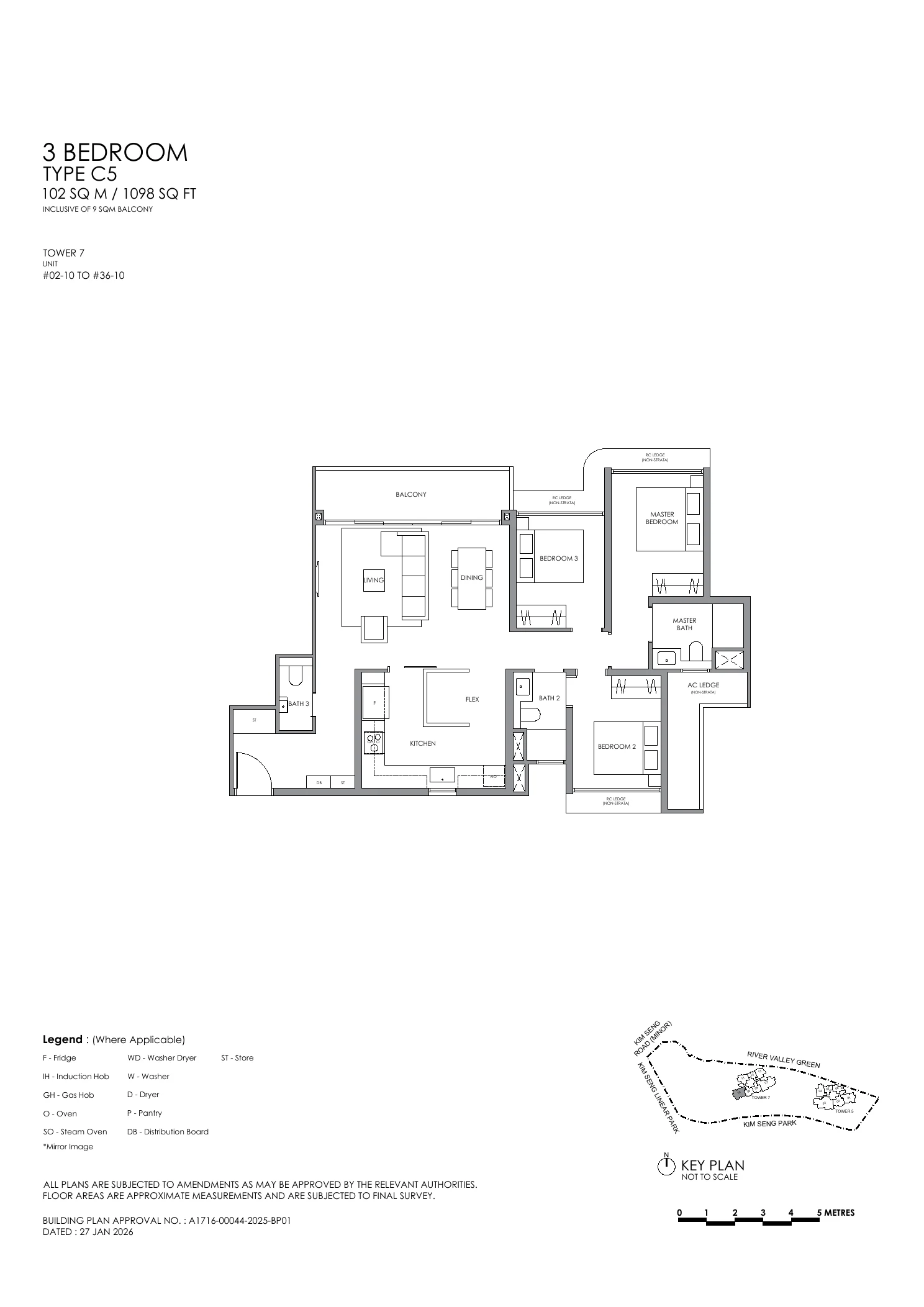 River Modern 3 Bedroom Type C5 Floor Plan 1098 sq ft