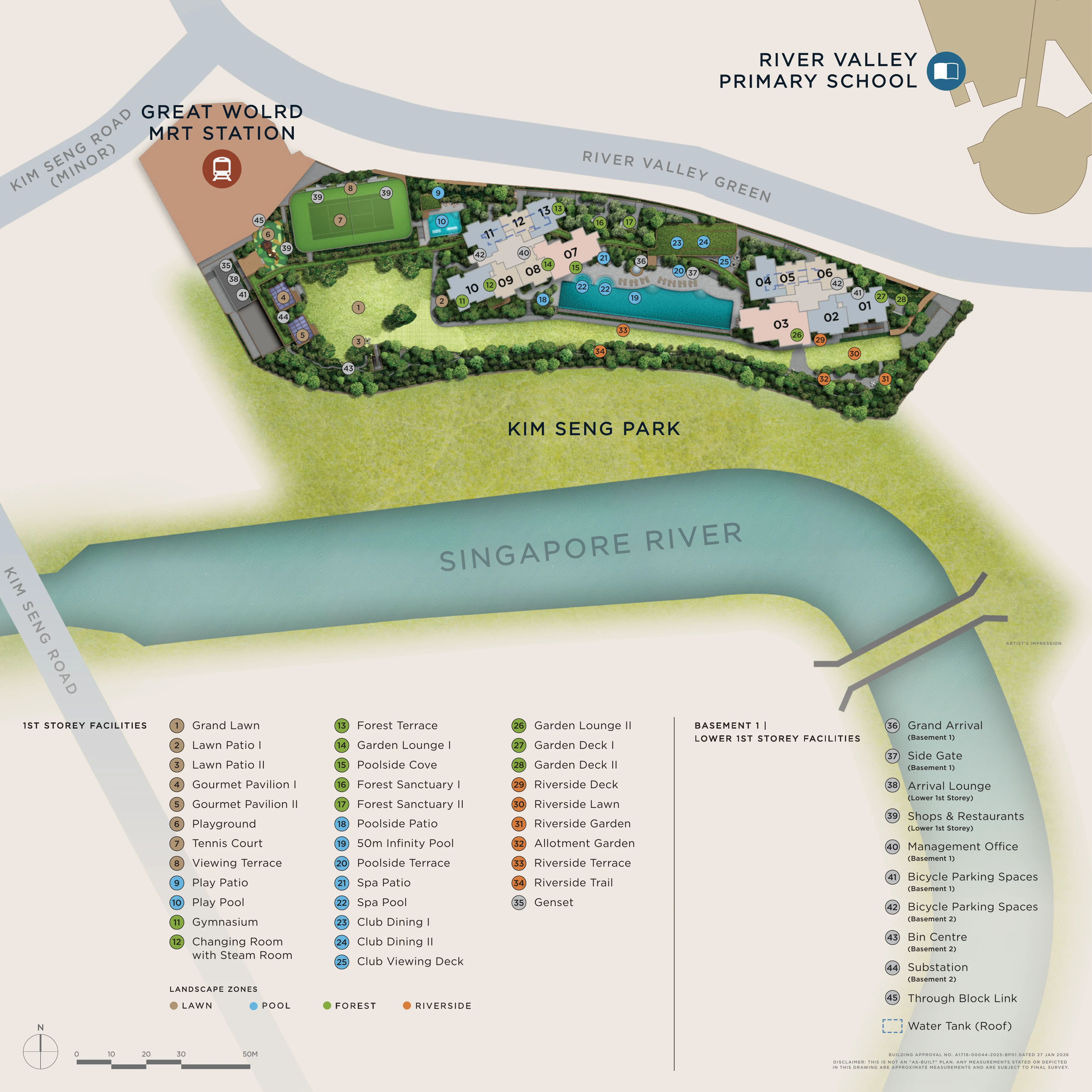 Official Master Site Plan for River Modern detailing all 45 numbered facilities across 4 landscape zones