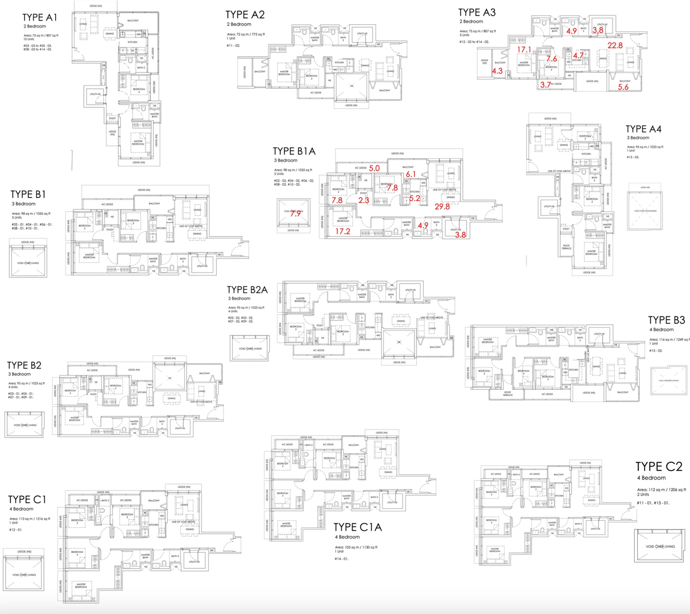 Sanctuary@Newton Consolidated Overview of Floor Plans (Type A1, B1, B2, B3, C1A, C2)