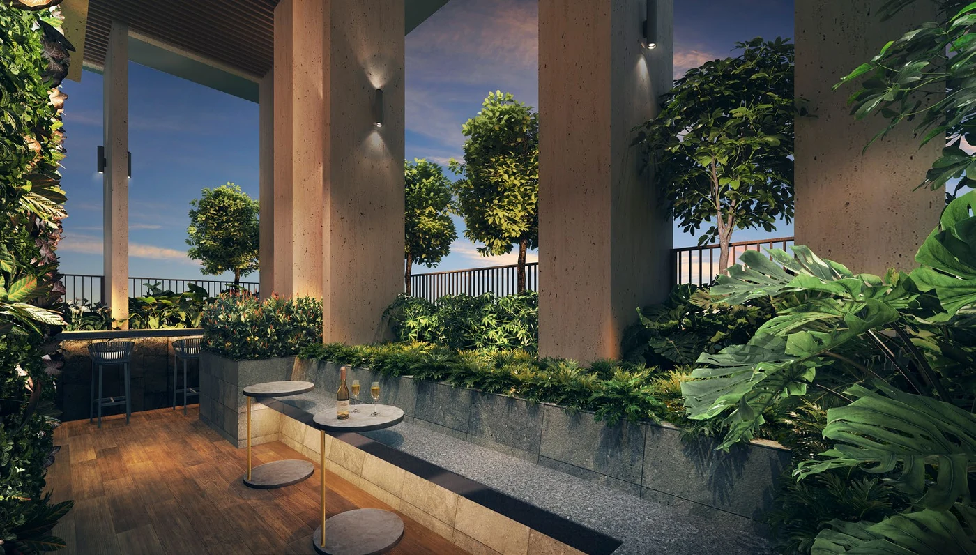 Level 6 Sky Terrace relaxation lounge and vertical gardens at Sanctuary@Newton