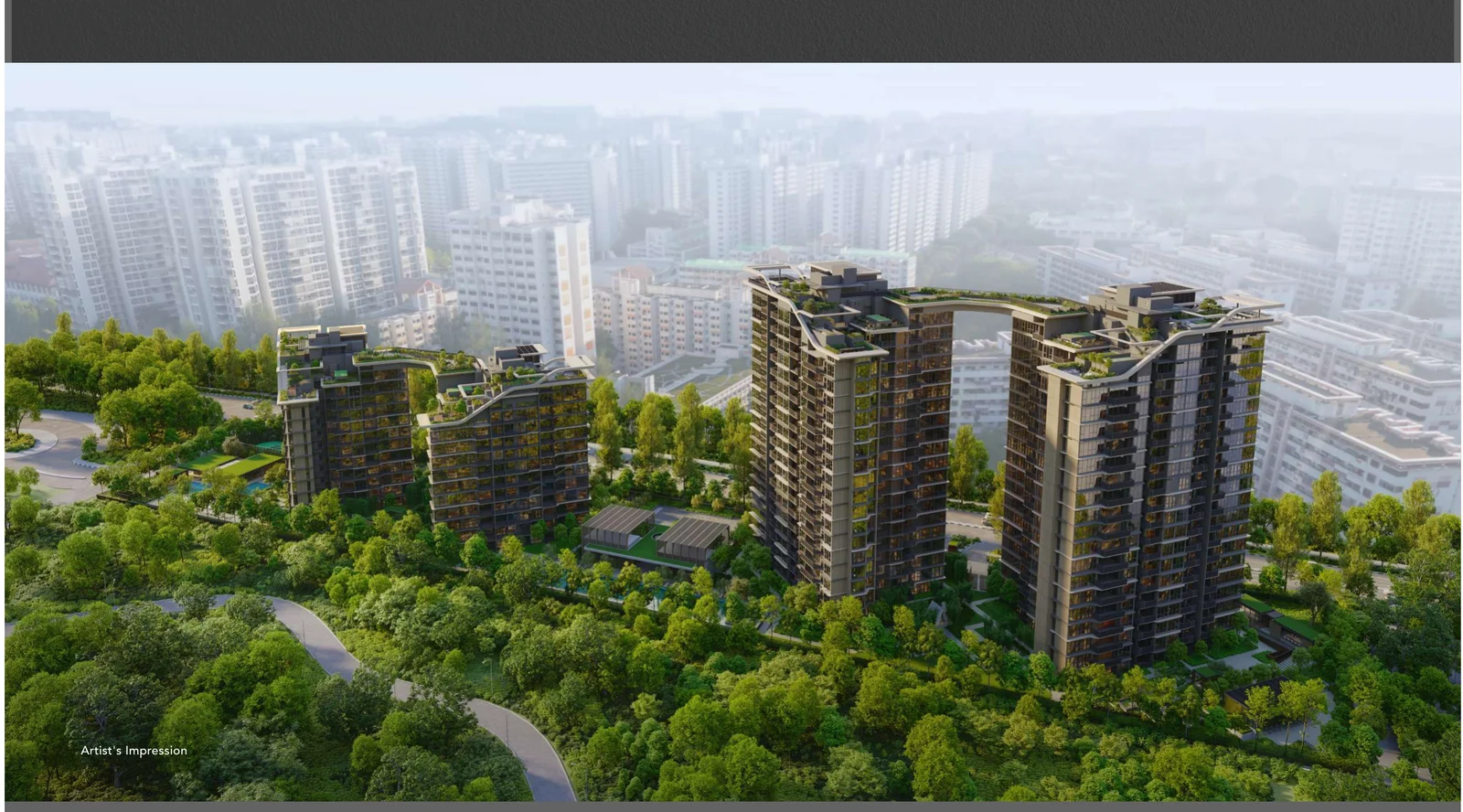Sora condominium aerial perspective showing 4 residential blocks with wave-inspired Sky 360 rooftop sky bridges overlooking Jurong Lake Gardens