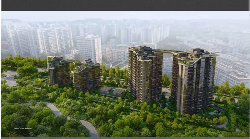Sora condominium aerial perspective showing 4 residential blocks with wave-inspired Sky 360 rooftop sky bridges overlooking Jurong Lake Gardens