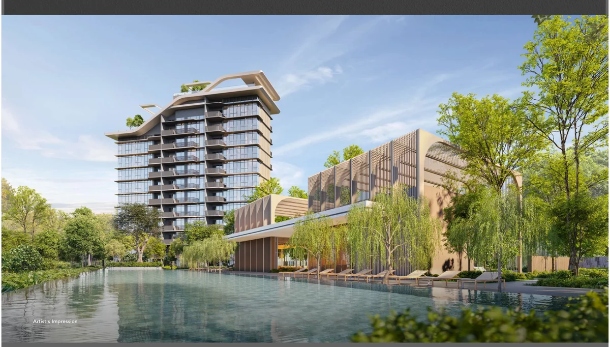 Sora 50m Serenity Pool with timber clubhouse pavilion and mid-rise residential tower