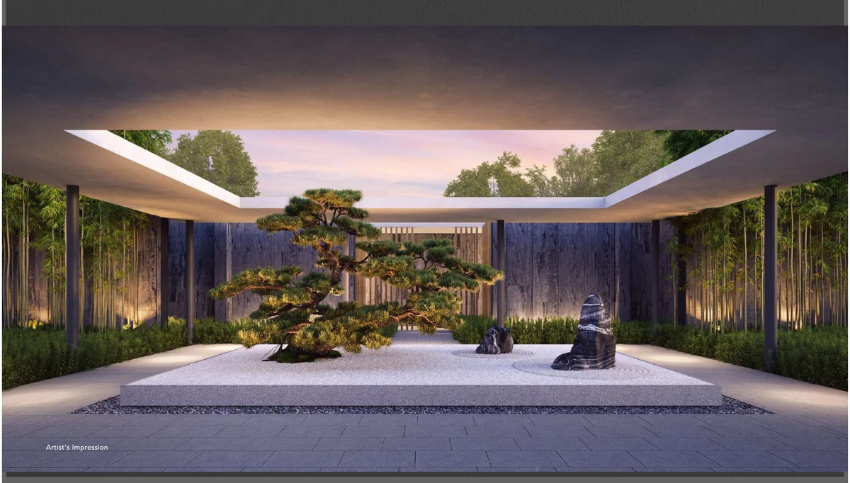 Sora Zen Courtyard featuring karesansui gravel garden, sculpted pine tree, and circular oculus ceiling