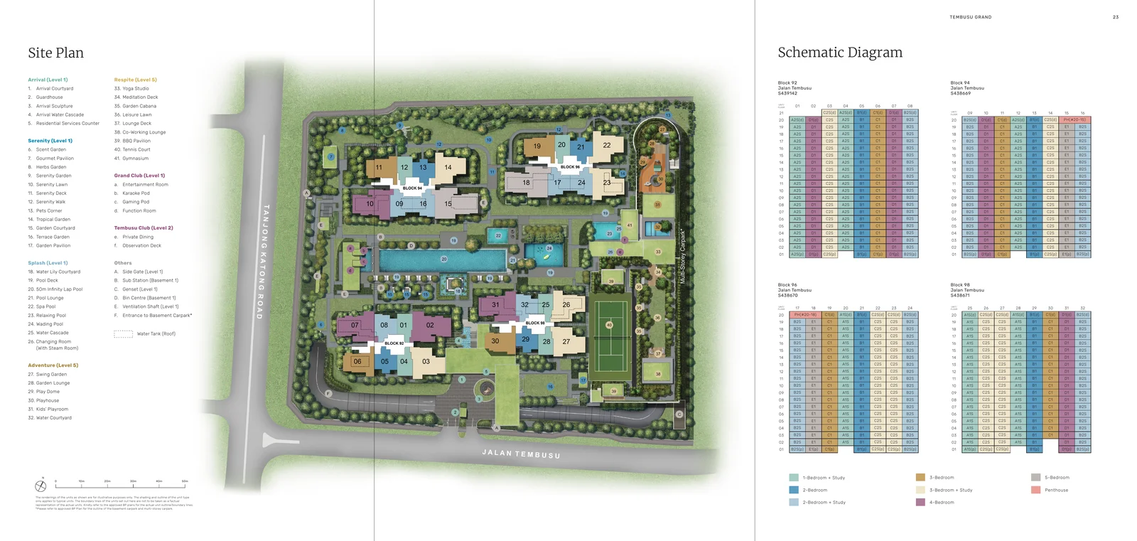 Tembusu Grand master site plan detailing swimming pools, clubhouse, and tennis court