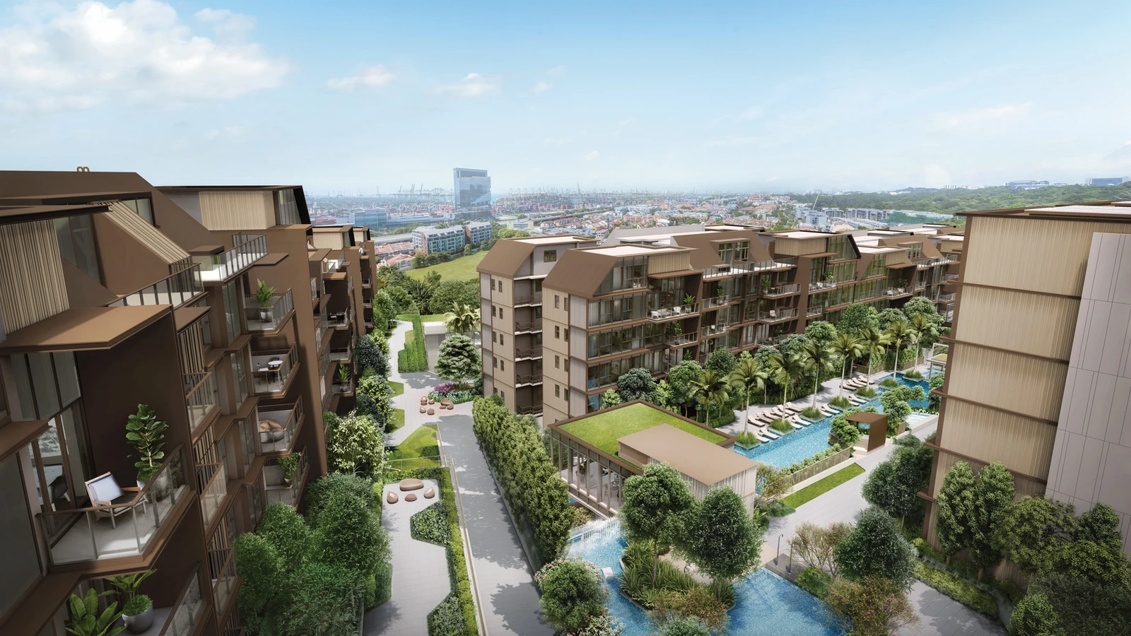 Terra Hill 50m lap pool, sun loungers, and green-roofed clubhouse pavilion overlooking the coastline