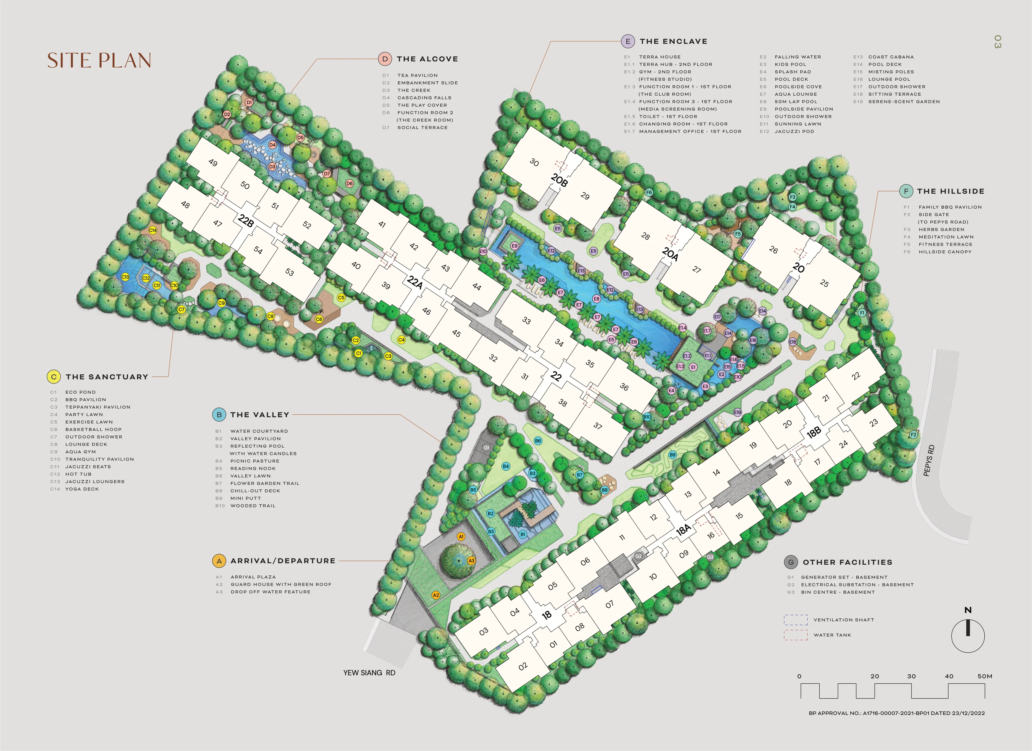 Terra Hill official site layout plan showing 9 residential blocks and facilities