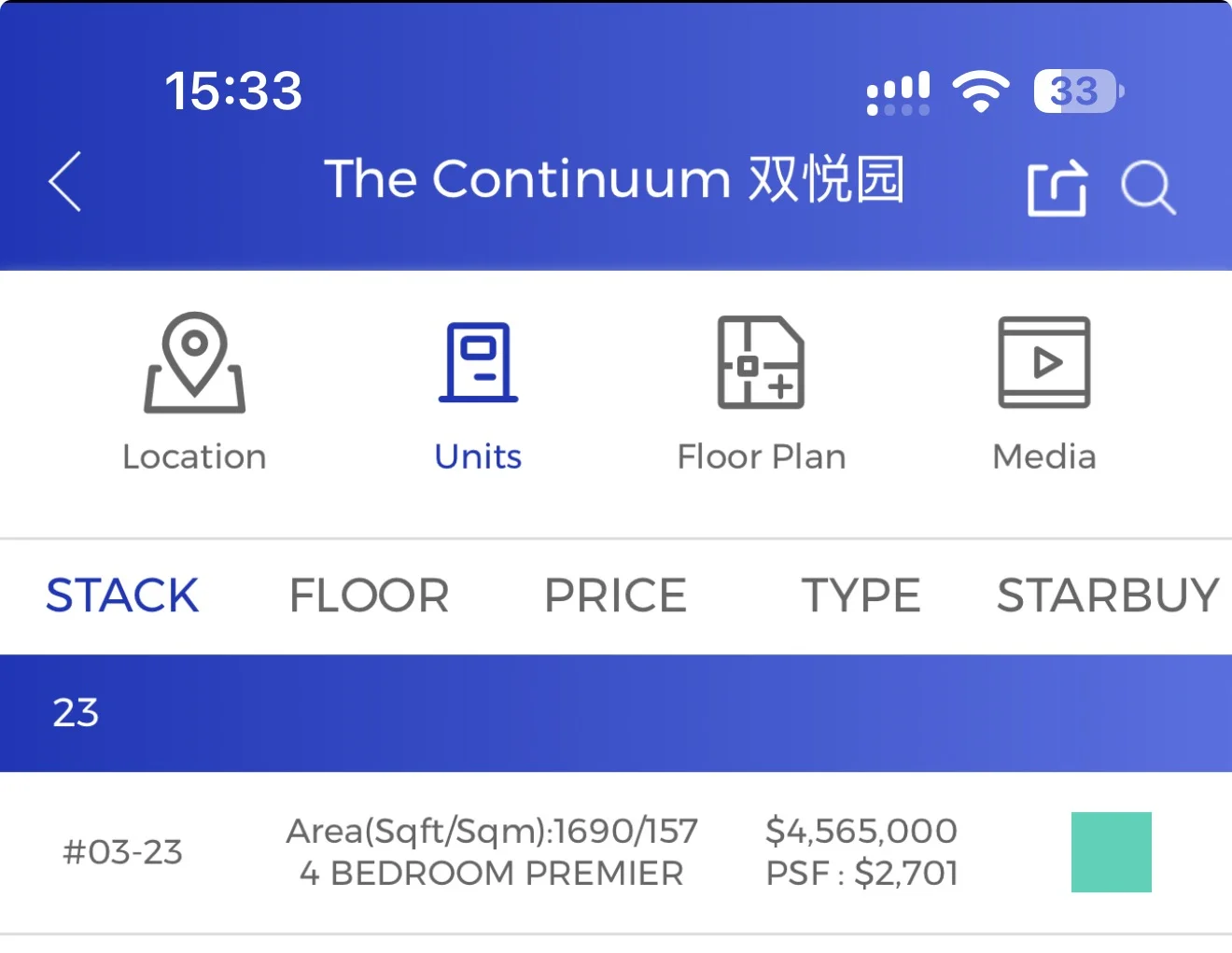 Mobile developer inventory app showing Stack 23 #03-23 as available balance unit