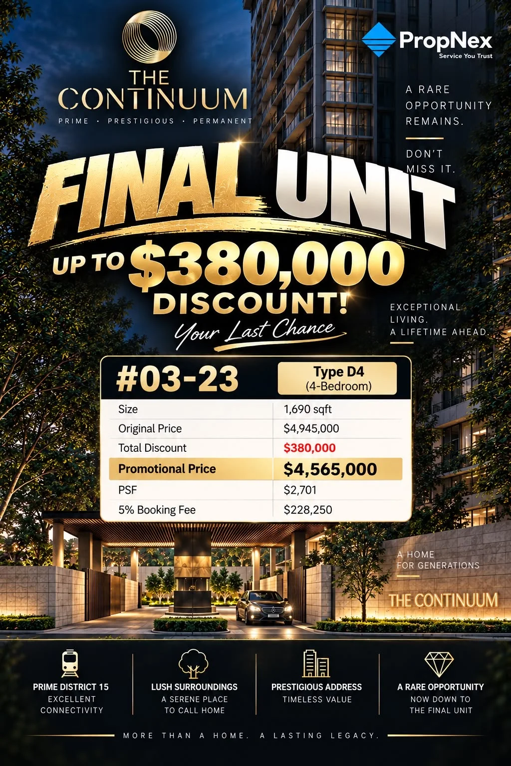 The Continuum final 4-bedroom unit promotional poster showing $380,000 discount