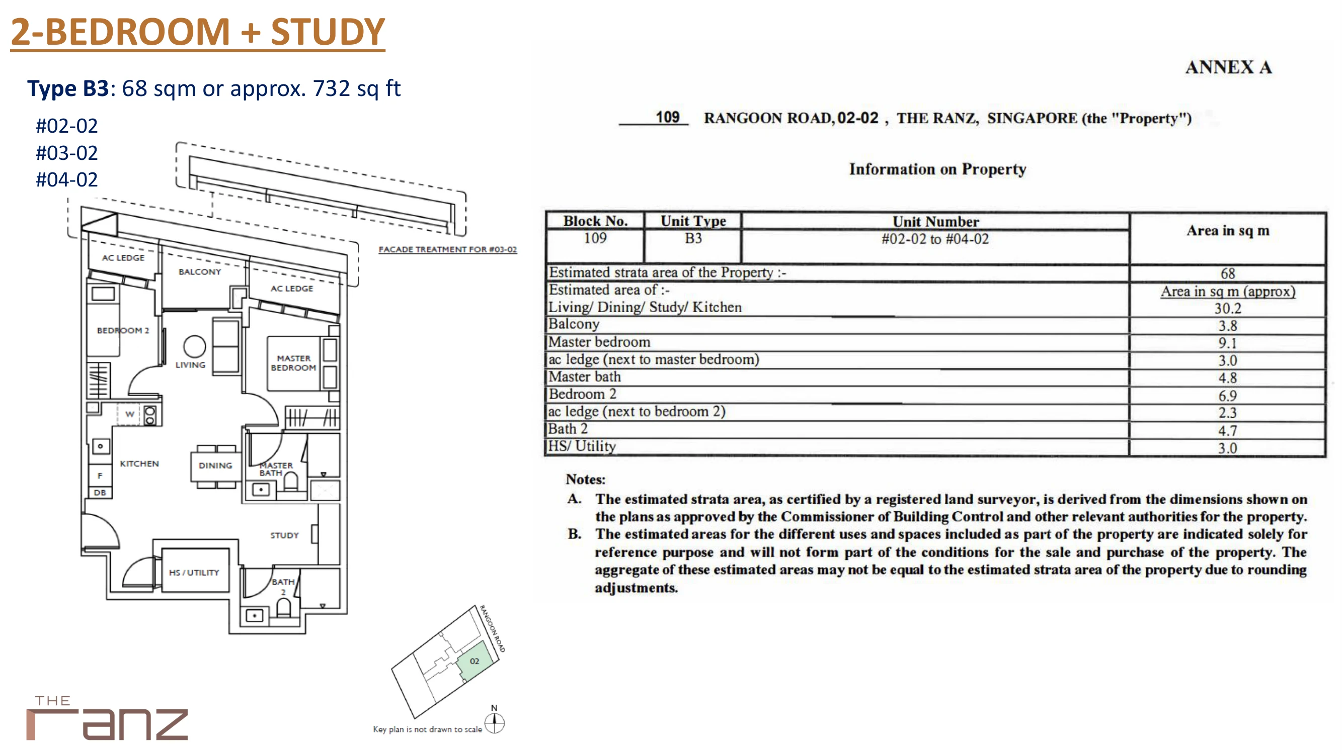The Ranz Type B3 floor plan 2-bedroom plus study 732 sqft units 02-02 and 04-02
