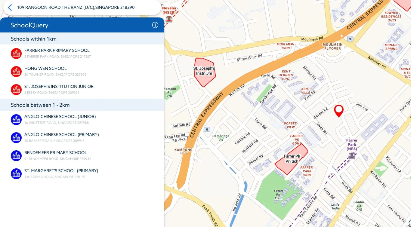 Primary schools within 1km and 2km of The Ranz at Rangoon Road