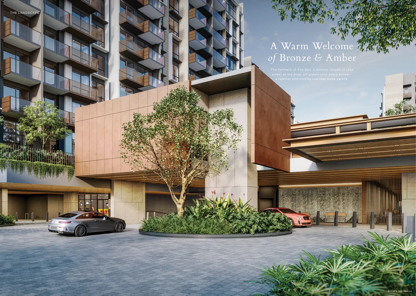 The Sen grand covered drop-off court with bronze and rosy amber facade