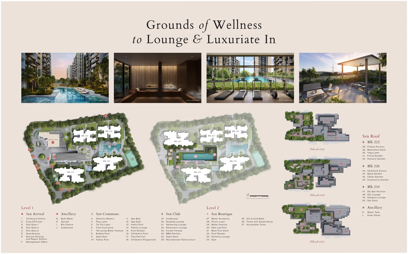 The Sen facilities site plan showing 5 residential blocks, childcare centre and pools