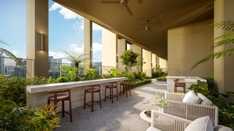 Artist’s impression of The Serra Residences 50m Lap Pool and tower elevation at dusk