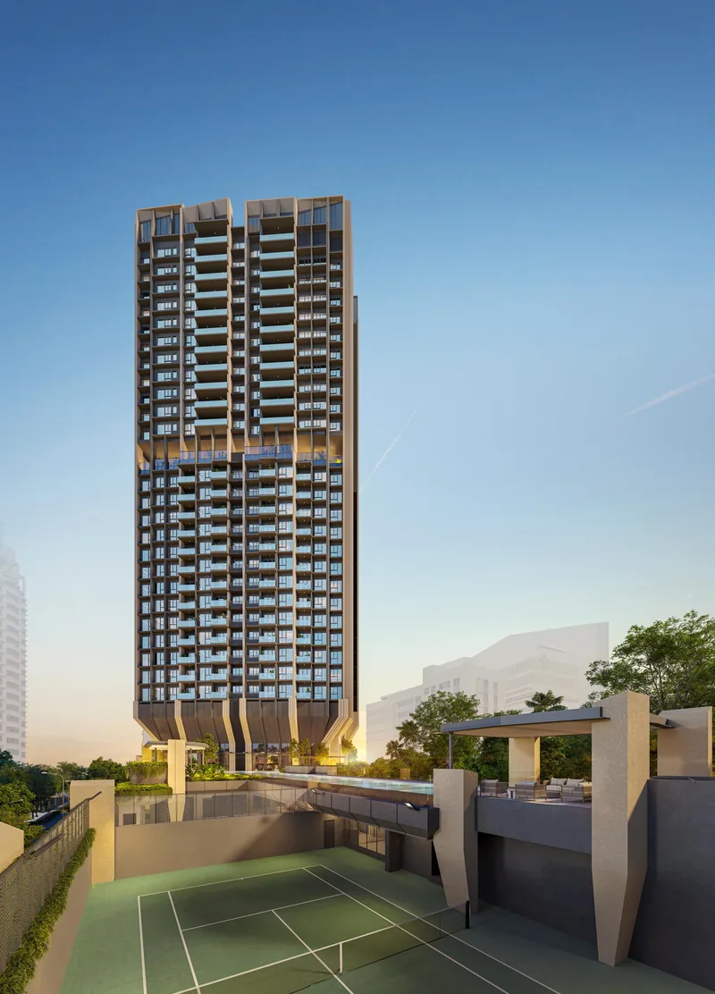 Artist’s impression of The Serra Residences full-sized tennis court and residential tower