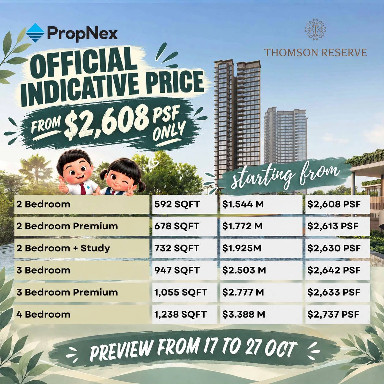 Thomson Reserve Official Indicative Prices chart starting from $2,608 PSF; Preview 17–27 October 2026