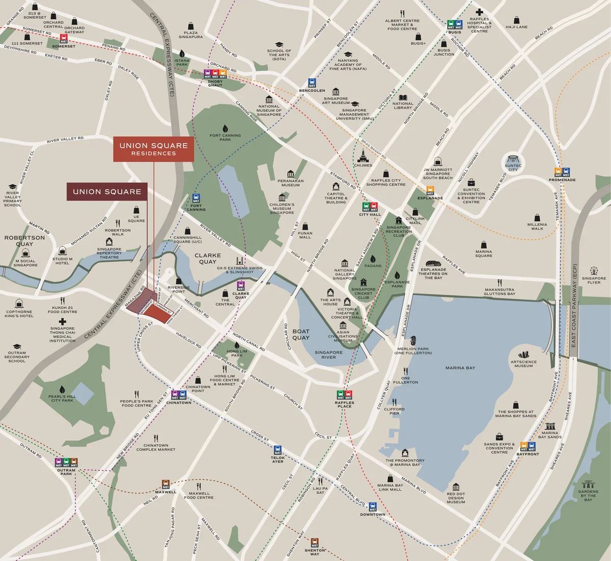 Union Square Residences location map showing Chinatown, Clarke Quay, and Singapore River