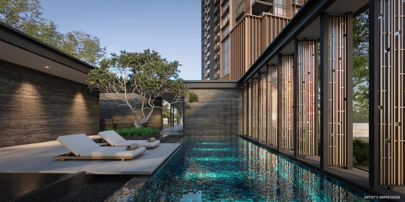 50m Infinity Lap Pool overlooking lush gardens at UPPERHOUSE
