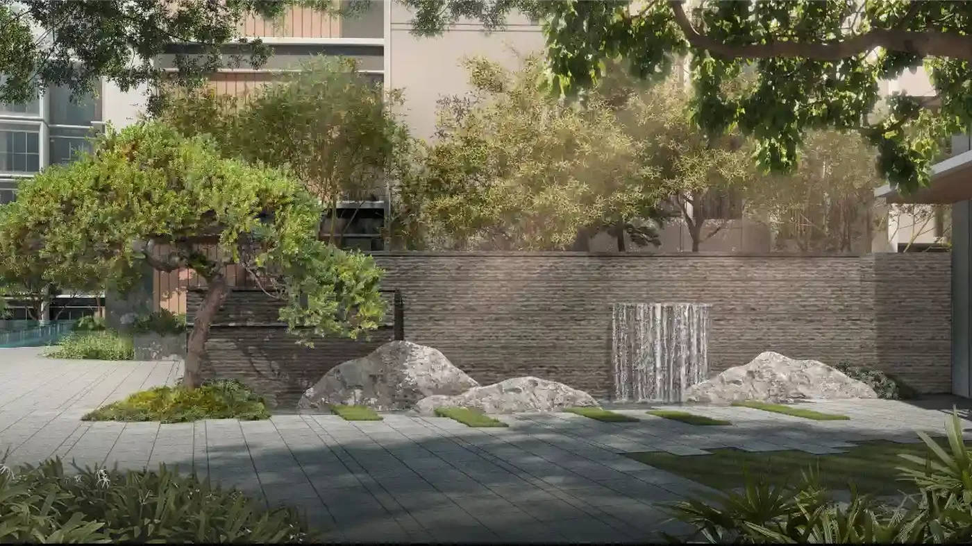 Watten House arrival court and cascading water terraces