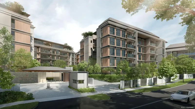 Watten House architectural rendering showing 5-storey residential pavilions with pitched roofs surrounded by lush greenery