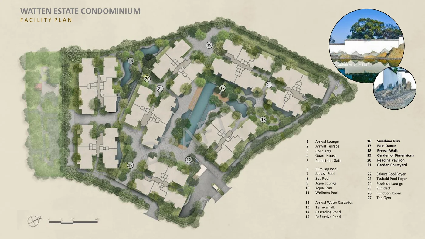 Watten House master facilities plan showing 8 blocks, 27 amenities and water courtyards