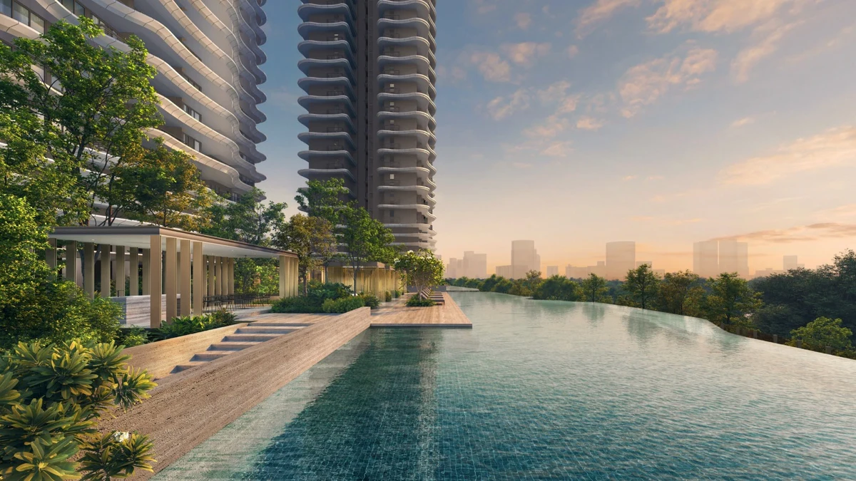 Zyon Grand 50-metre infinity lap pool and cabana pavilion against city skyline