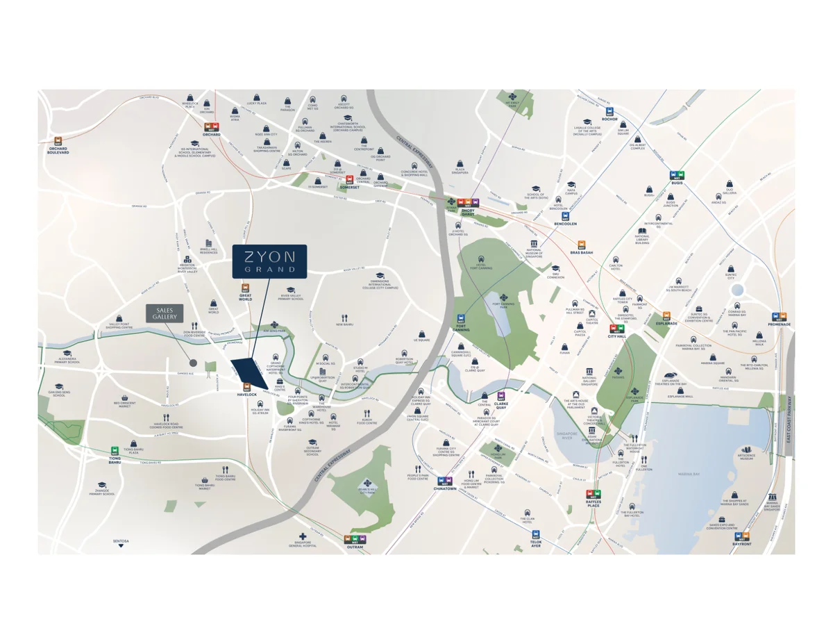 Zyon Grand prime location map along Zion Road connecting Havelock MRT, Great World, and Orchard